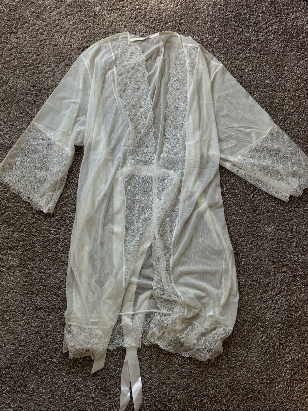 Ivory Lace Mesh Bridal Robe Sheer Kimono Cover Up